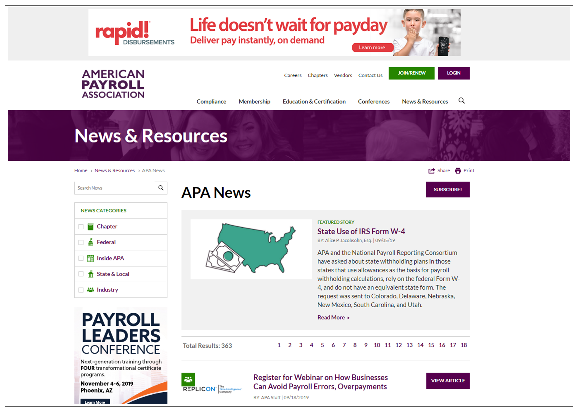 American Payroll Association Redesigned Website Homepage